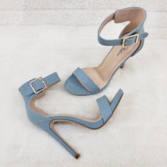 Light Denim Single Ankle & Toe Strap 4.5" High Heel Stiletto Shoes - Picture 9 of 10
